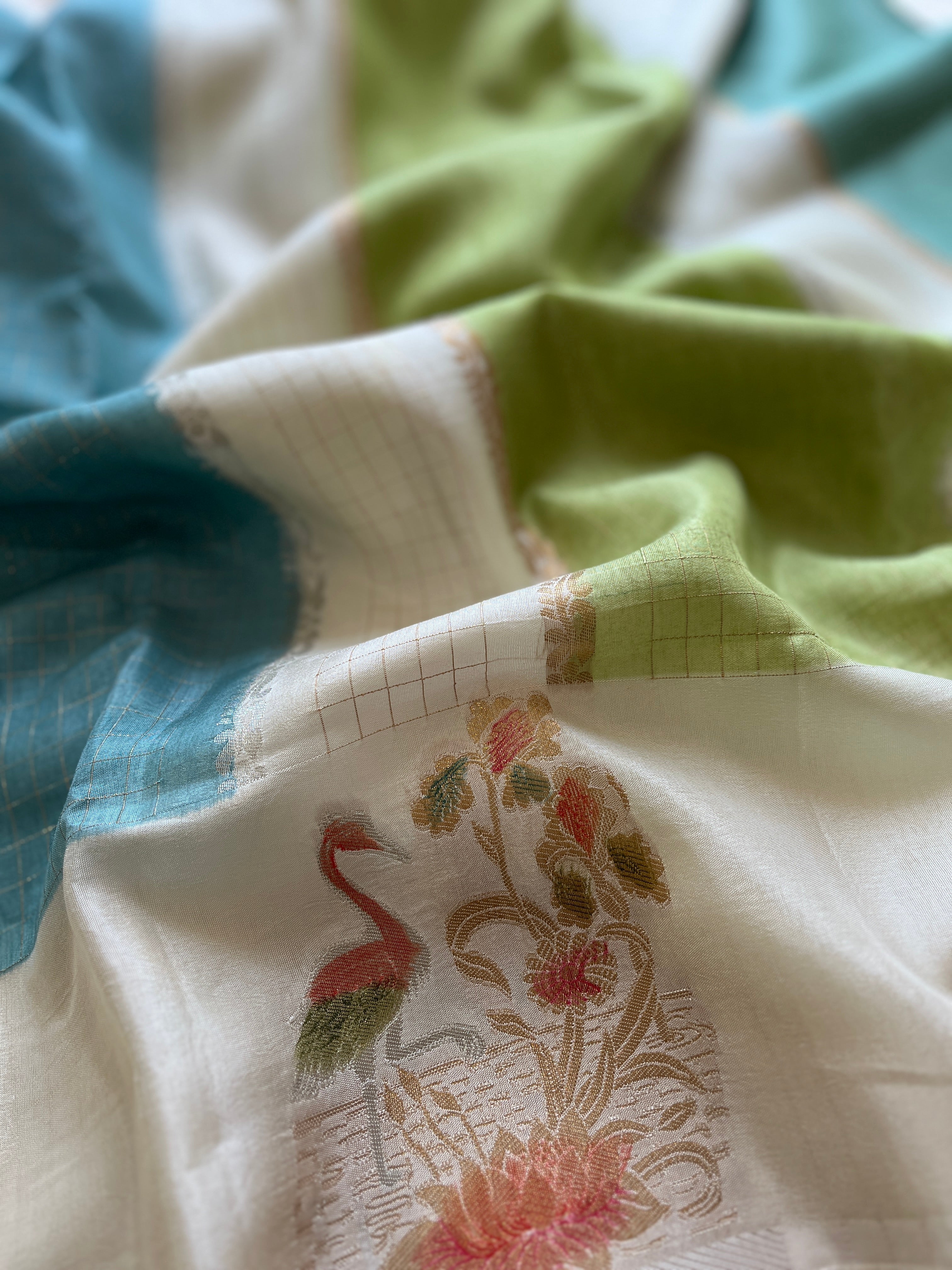 Blue and Green Viscose Silk Saree